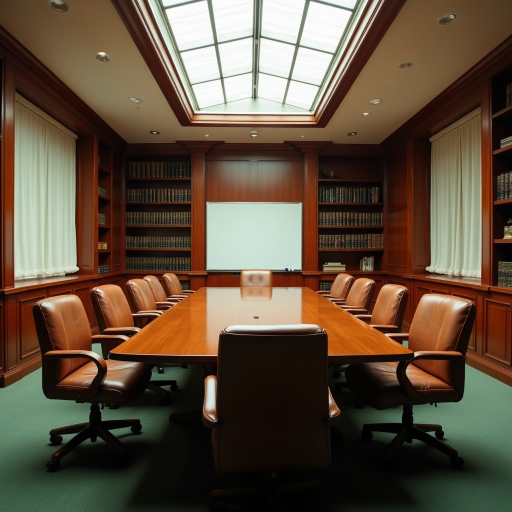 Professional conference room with wood table and comfortable seating