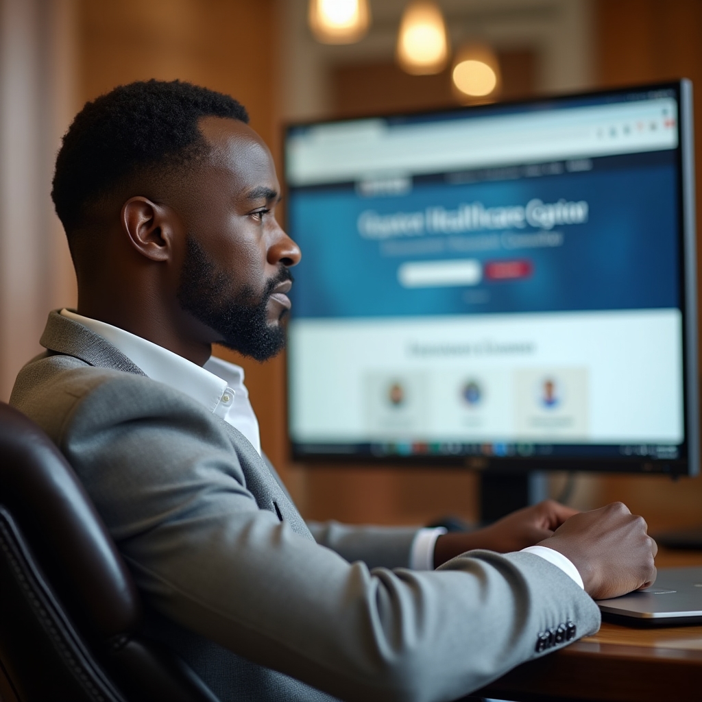 Person researching official government health insurance websites on a desktop monitor