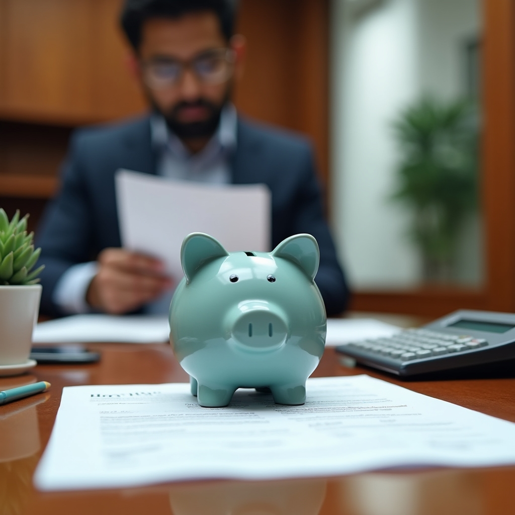 Health savings account concept with piggy bank and financial documents on a desk