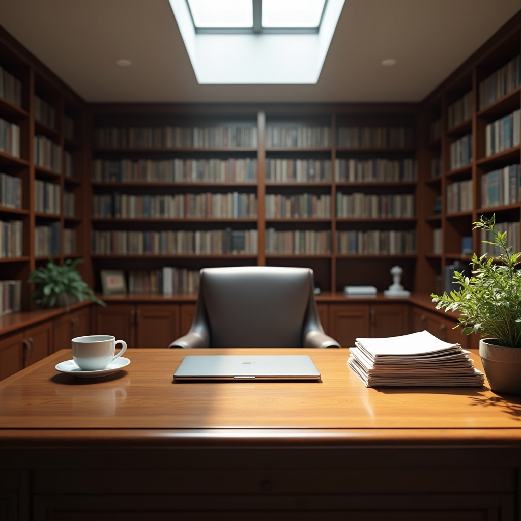 Clean office workspace with desk, computer, and natural light